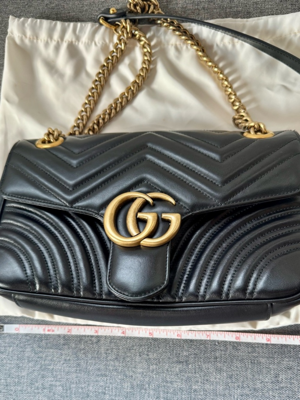 Gucci Marmont Matelassé Black Leather Shoulder Bag, Antique Gold Chain - Picture 6 of 11